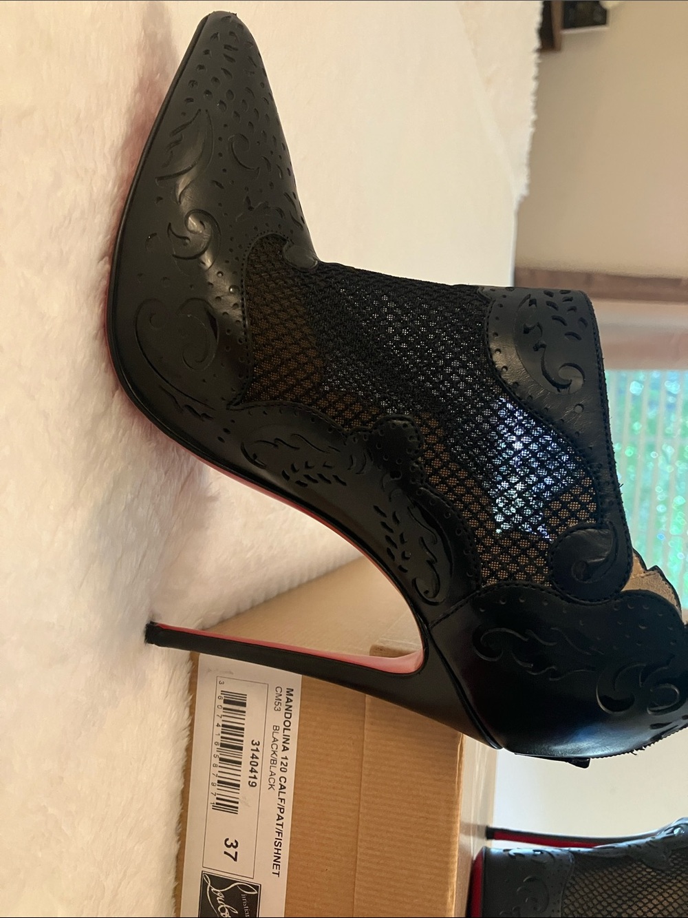 Christian Louboutin Black Laser-Cut Peep-Toe Stiletto Booties with Red Sole - Picture 3 of 10